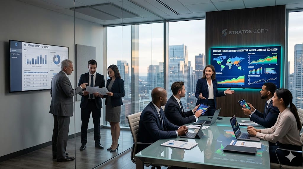 Business leaders shifting from reactive problem-solving to proactive strategy using predictive insights in a modern corporate setting.
