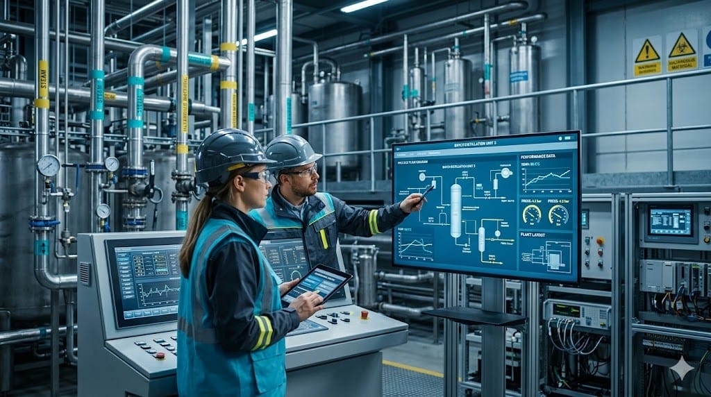 Process engineer monitoring chemical manufacturing operations using control panel and plant data screens