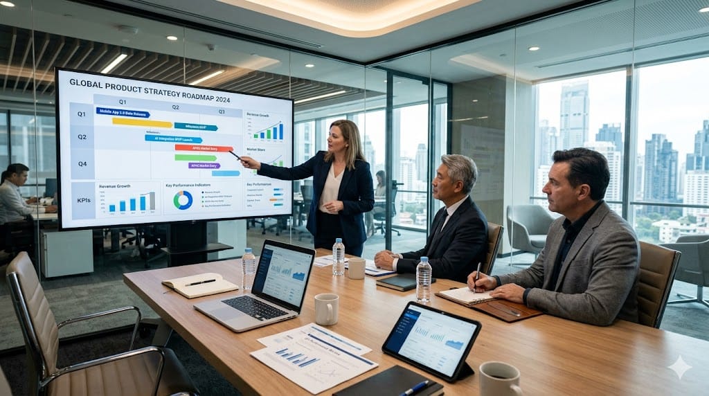 executive team discussing product roadmap and business strategy in modern conference room with presentation screen