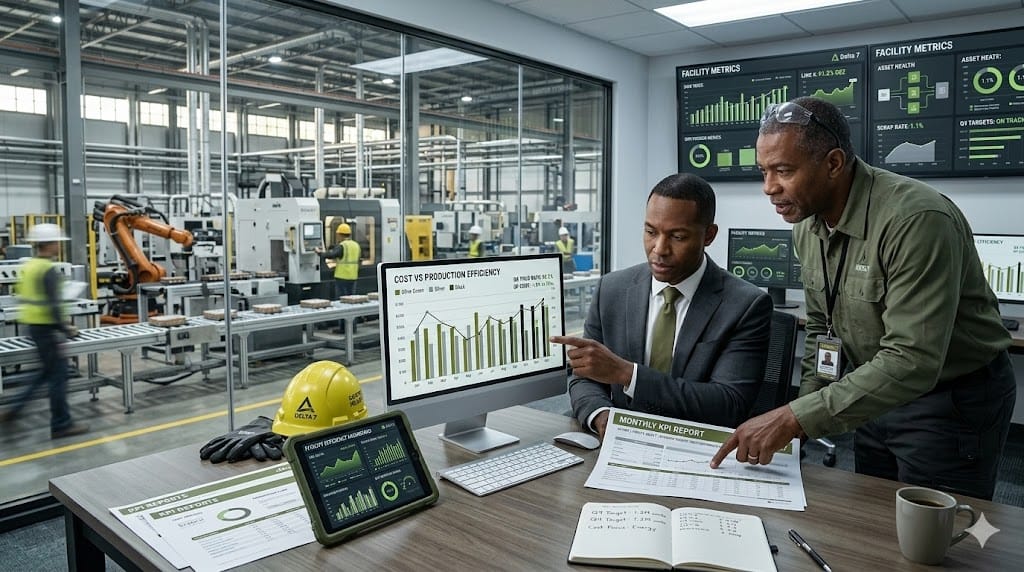 Finance leader analyzing production data with factory dashboard, cost charts, and manufacturing performance metrics on screen