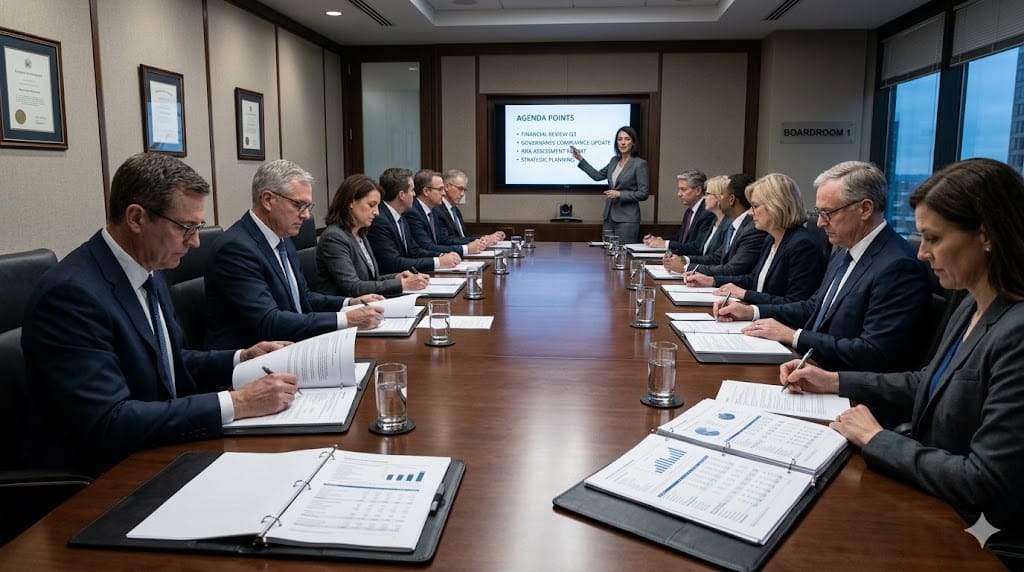 Board of directors reviewing reports during formal governance meeting
