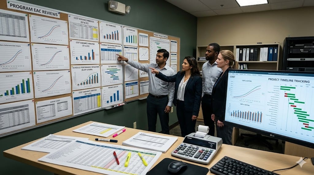 Program finance team reviewing EAC and variance analysis charts in project control room with budget tracking boards