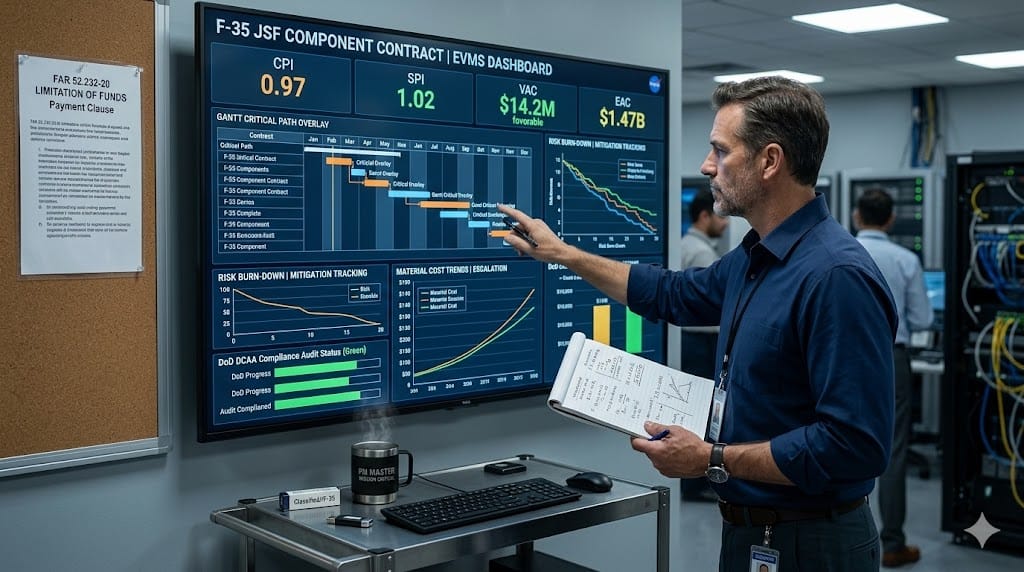 Aerospace program director monitoring lifecycle P&L accountability through integrated EVMS dashboard displaying cost variance, schedule performance index, and profitability forecasts during mission-critical program review.