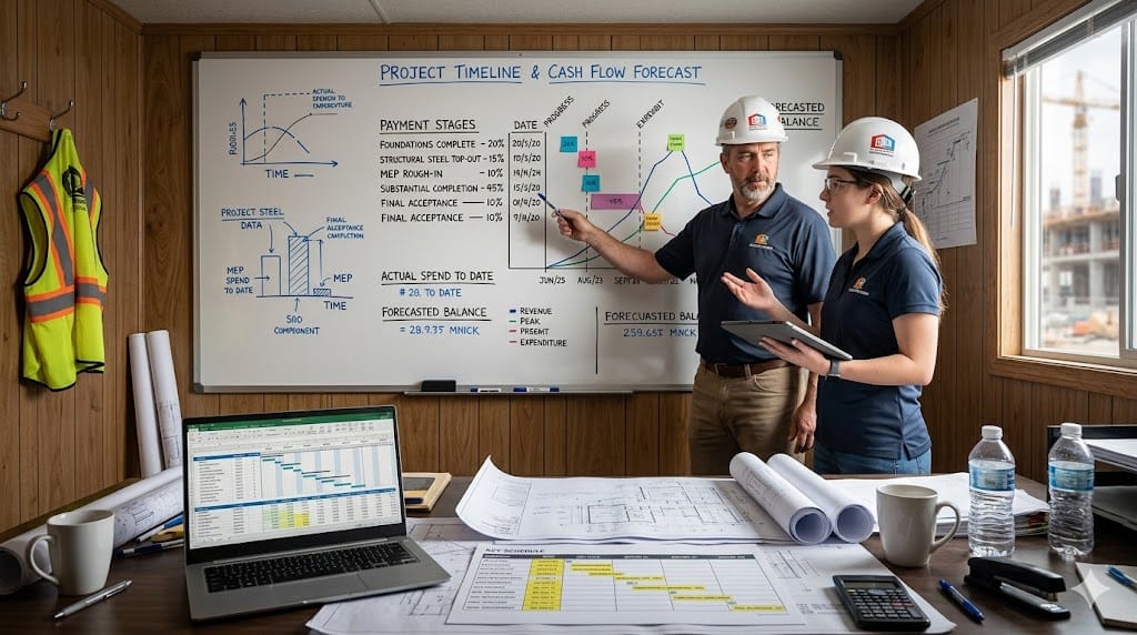 Project managers reviewing cash flow schedule and milestone payment chart in site office