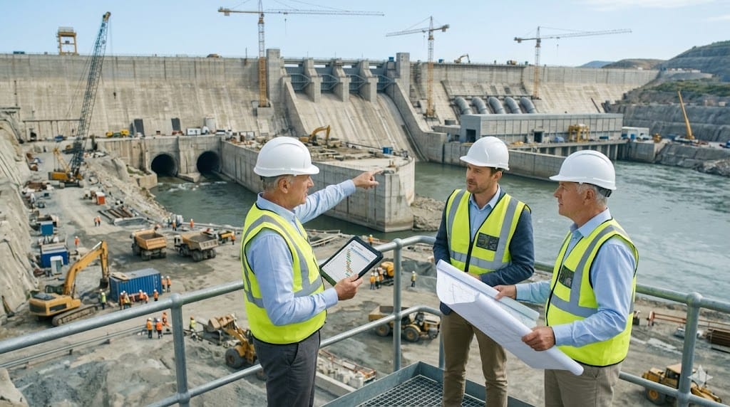 Senior construction leaders reviewing plans at massive infrastructure project site