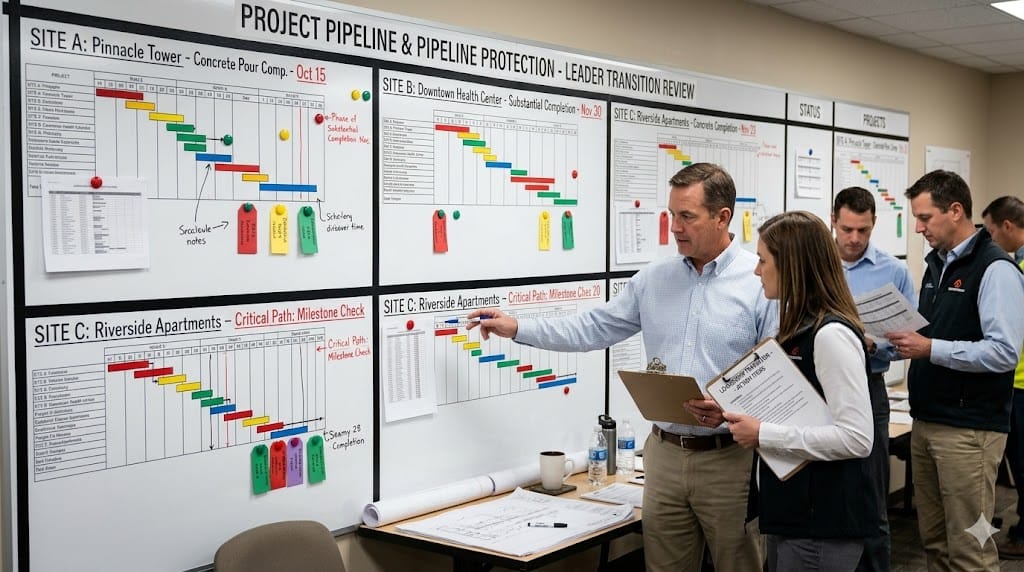 Construction managers reviewing active project schedule board during leadership transition