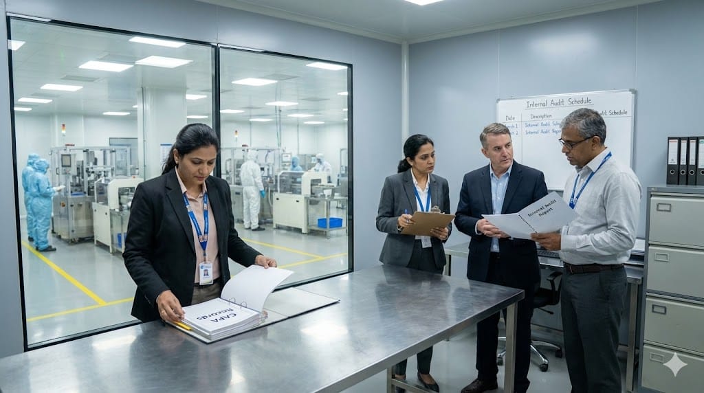 Quality systems leader presenting documentation to regulatory inspectors during a formal compliance review inside a medical device manufacturing facility.