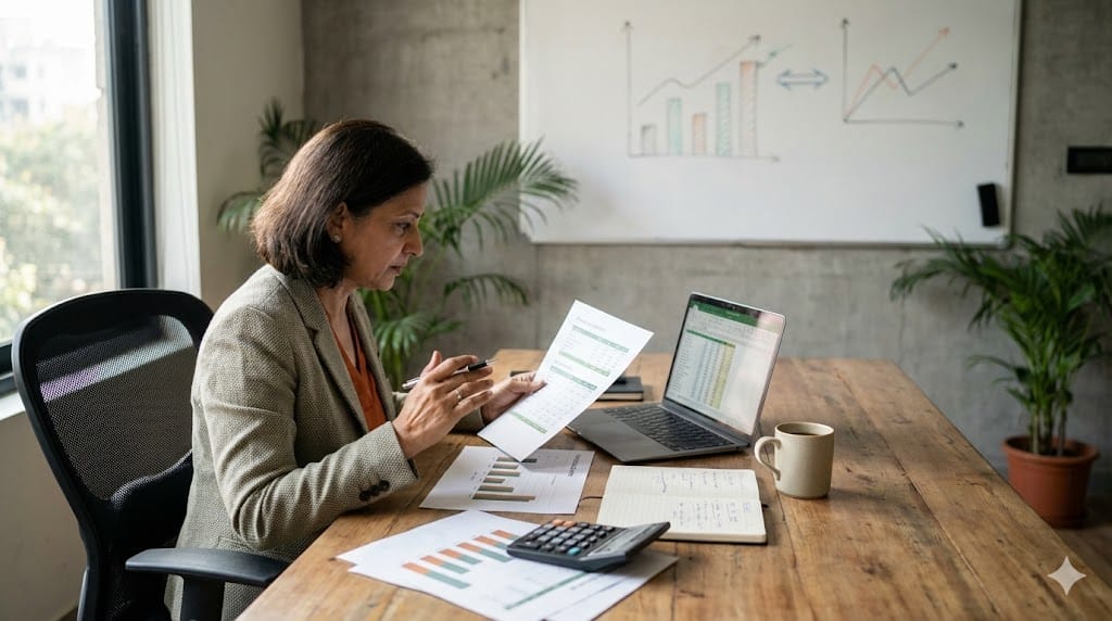 Business strategist analyzing ROI data charts and financial performance metrics in a modern workspace with warm natural lighting.