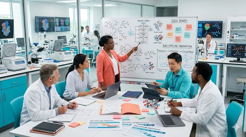 Diverse biomedical research team collaborating on R&D pipeline strategy using molecular diagrams and innovation boards in a biotech workspace.