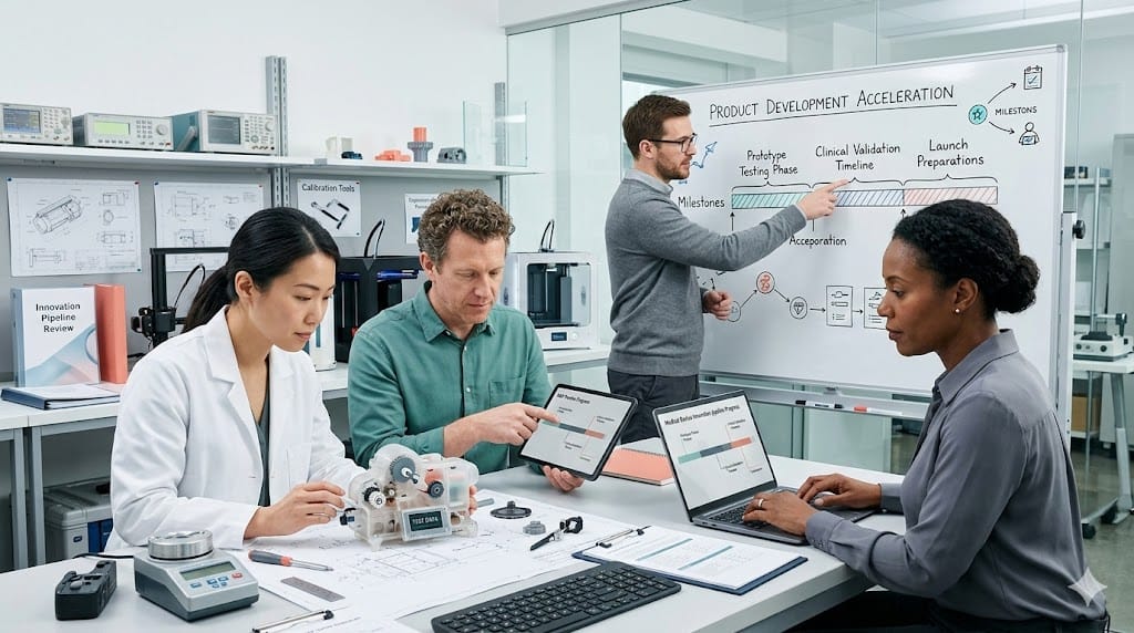 Medical device R&D leaders and scientists reviewing innovation pipeline charts and prototype components in a laboratory while discussing strategies to preserve and accelerate product development.