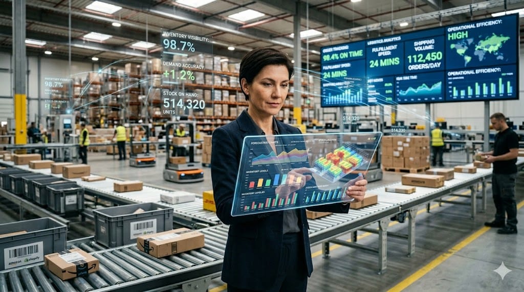 Supply chain professional monitoring real-time inventory and forecasting data with digital dashboards and warehouse stock visibility system