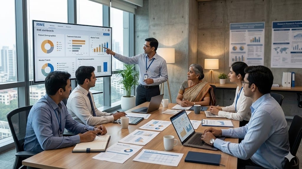 Pharmaceutical executives and data scientists collaborating to analyze real-world evidence for strategic decision-making