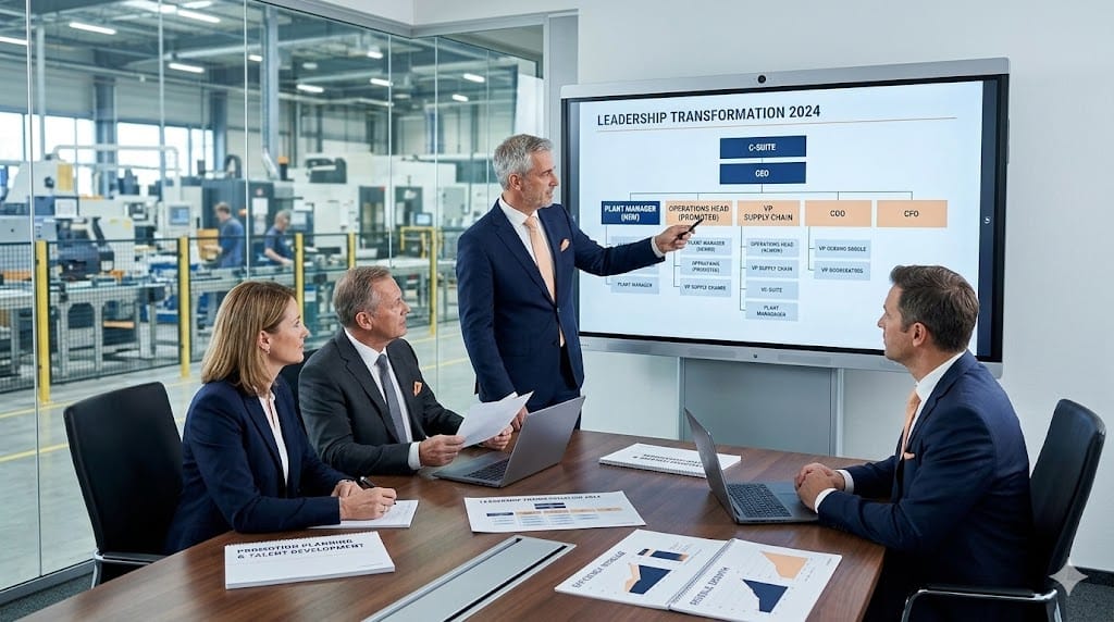 Senior manufacturing leaders discussing executive promotion strategy in corporate office overlooking factory floor