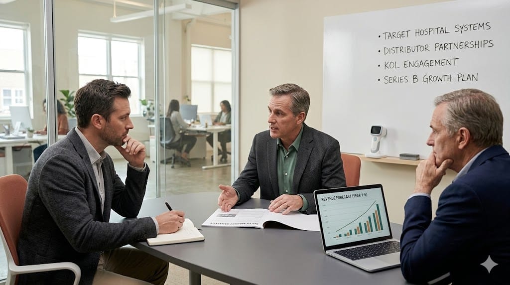 Medical device startup founders meeting with a VP of Sales candidate to discuss go-to-market strategy and revenue growth plans.