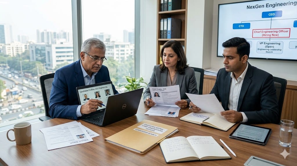executive search consultants discussing hiring chief engineering officer in professional office meeting