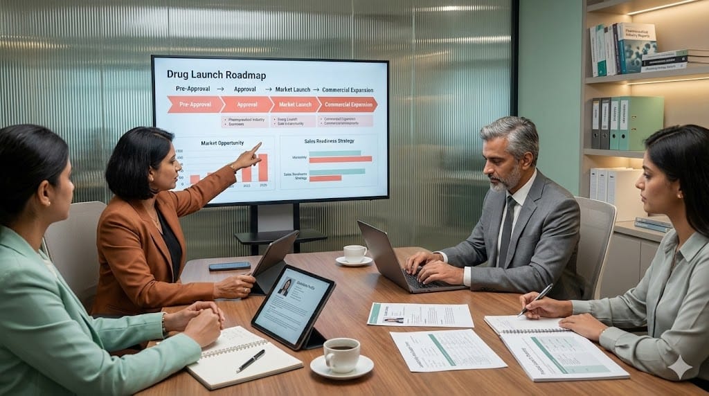 pharmaceutical executives and recruiters evaluating candidates for commercial launch leadership ahead of a new drug approval