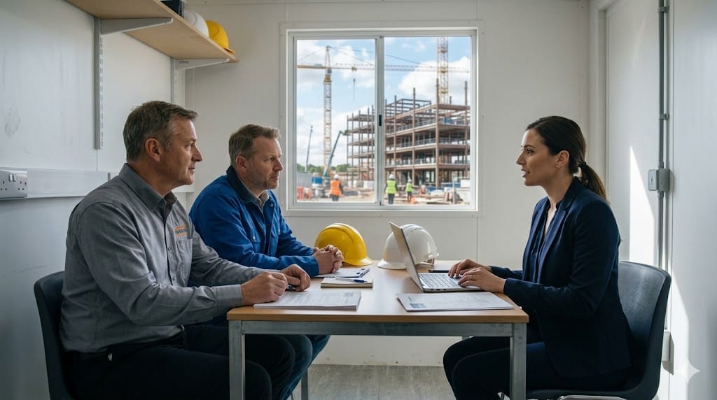 Construction executives interviewing finance candidate inside site office with project visible outside