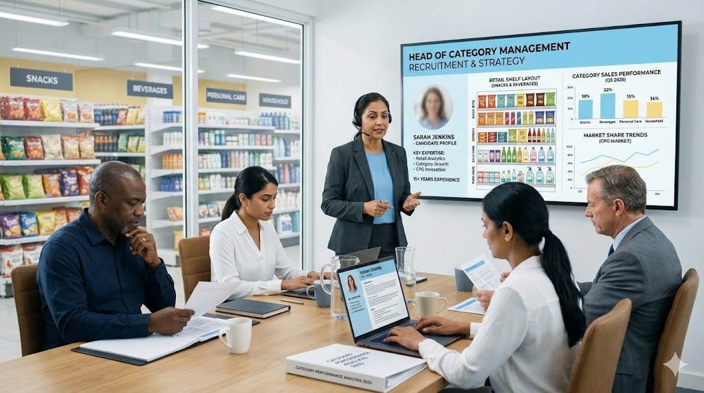 Hiring discussion for Head of Category Management with retail shelf analytics, product assortment charts, and executives reviewing candidate profile