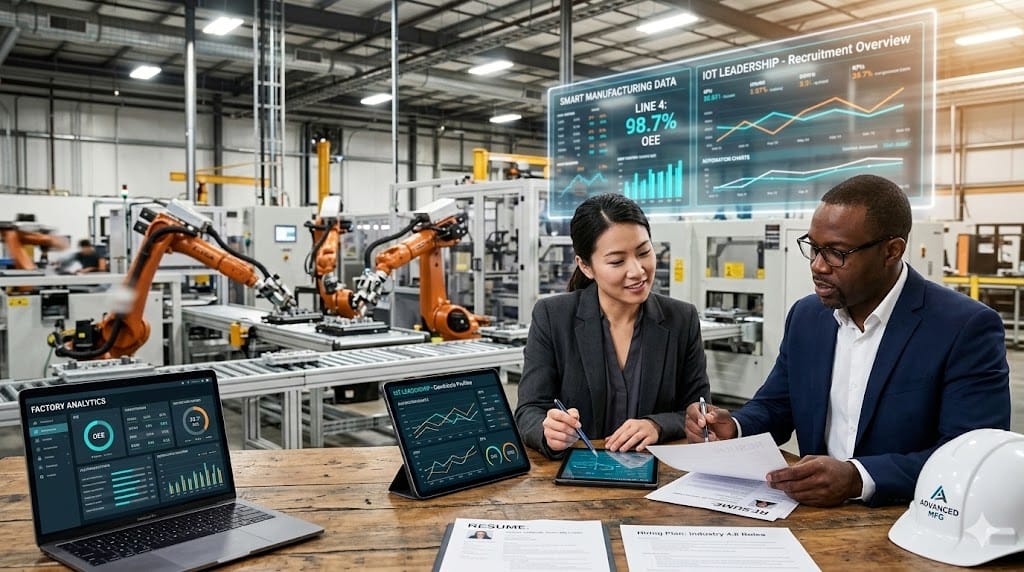 Industry 4.0 recruitment concept showing automation factory, IoT dashboard, robotic arm, and executive hiring discussion in smart manufacturing environment