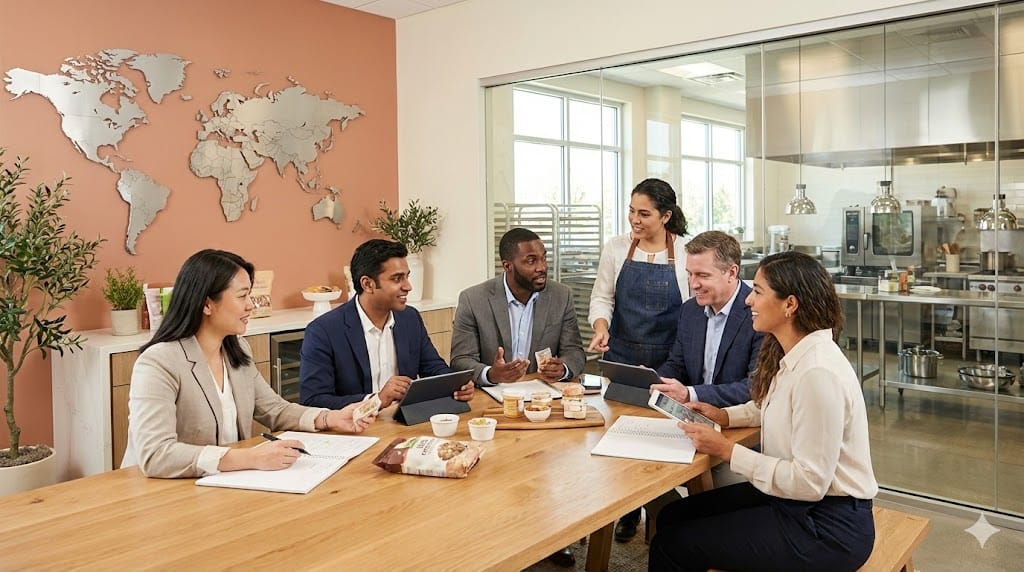 Diverse international professionals meeting inside a bright U.S. food and beverage innovation center with global maps and food product displays in the background.