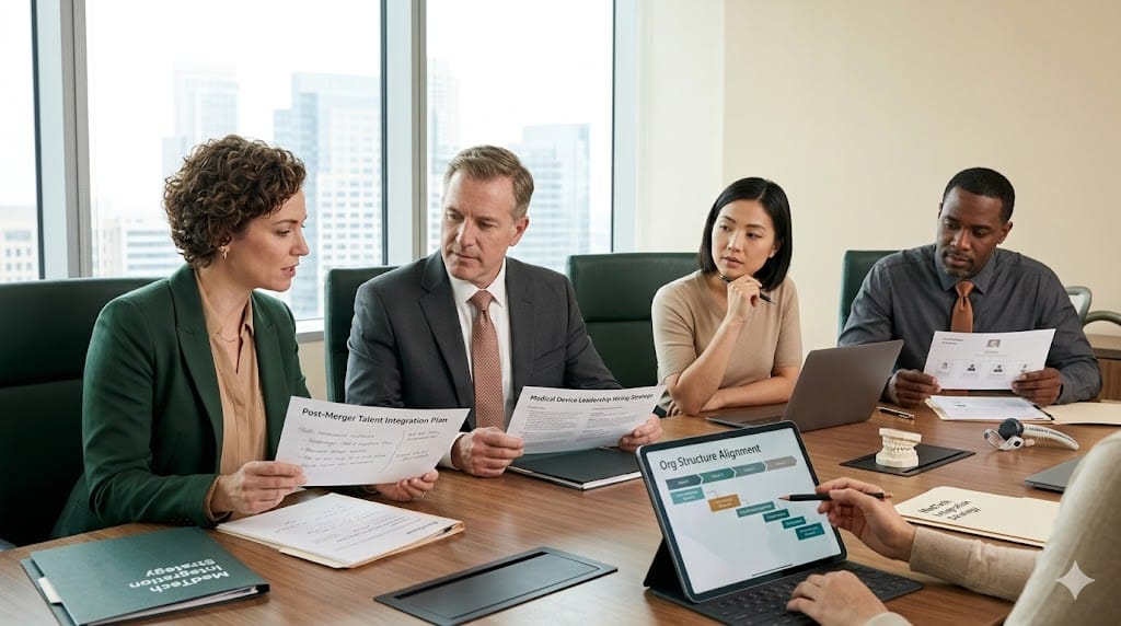 Executives reviewing compensation and equity models for AI-driven medtech leadership, with financial dashboards and strategy documents on a conference table in a modern office.