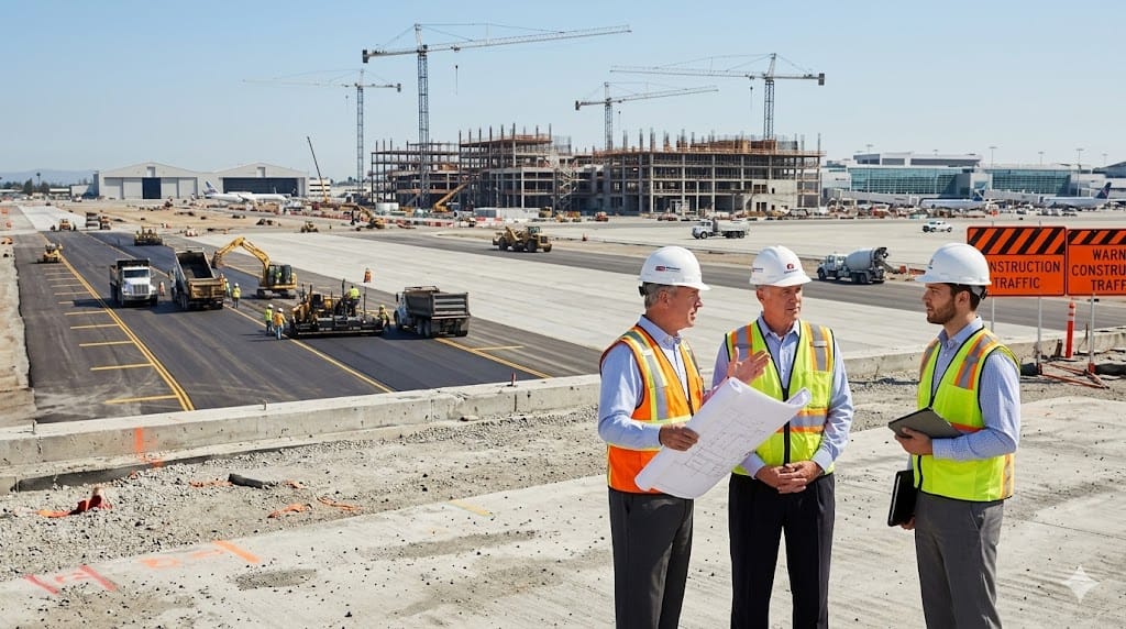 Senior construction leaders meeting candidate at large airport expansion project site