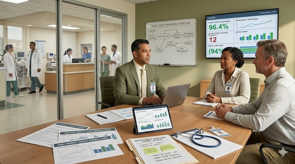Medical device patient safety officer candidate discussing patient risk monitoring and device safety reports with a hospital review panel.
