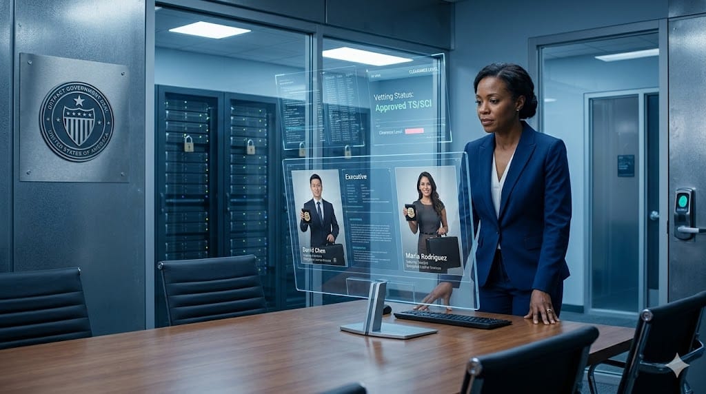 Professional landscape illustration of executive recruitment for classified security-clearance roles, featuring a recruiter vetting diverse C-suite candidates with locked badges, encrypted documents, and government-agency symbols in a high-security conference room.