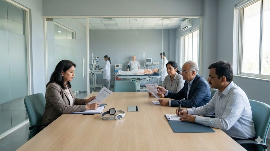 Medical device board members interviewing a senior clinical affairs executive candidate in a bright healthcare innovation center, highlighting governance and clinical leadership evaluation.