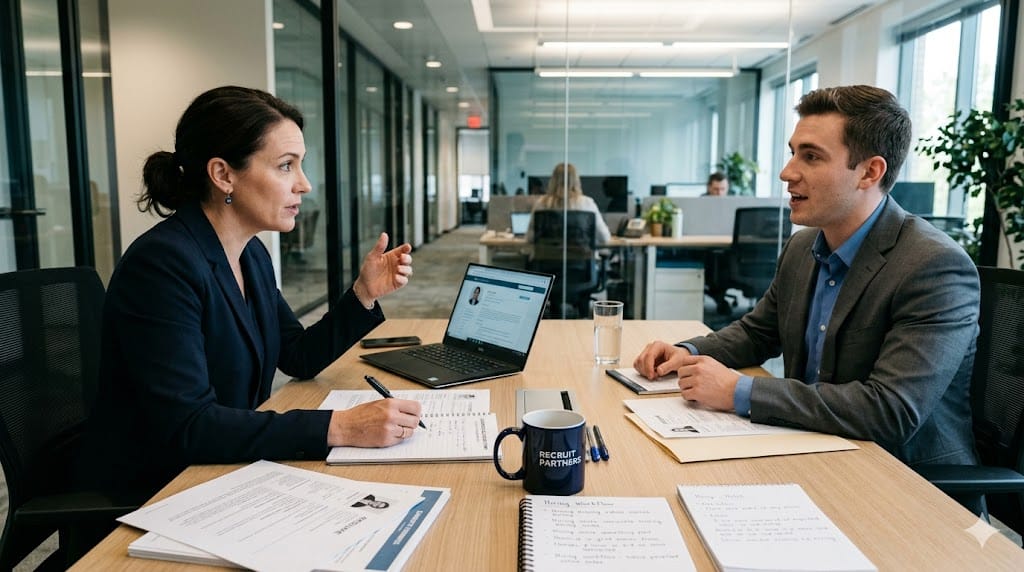 Recruiter evaluating resumes and conducting interview as part of hiring process