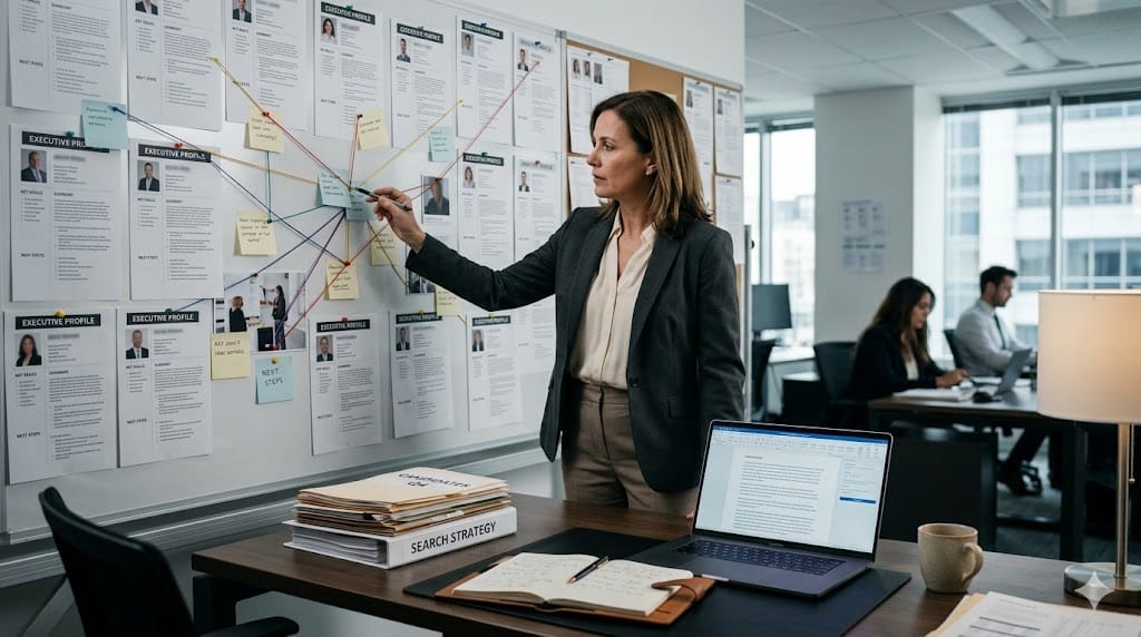 Executive recruiter reviewing candidate profiles on wall during talent search
