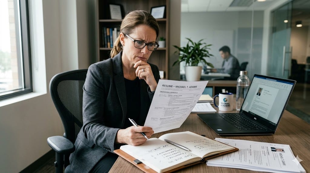 interviewer looking concerned while reviewing candidate resume during executive hiring evaluation