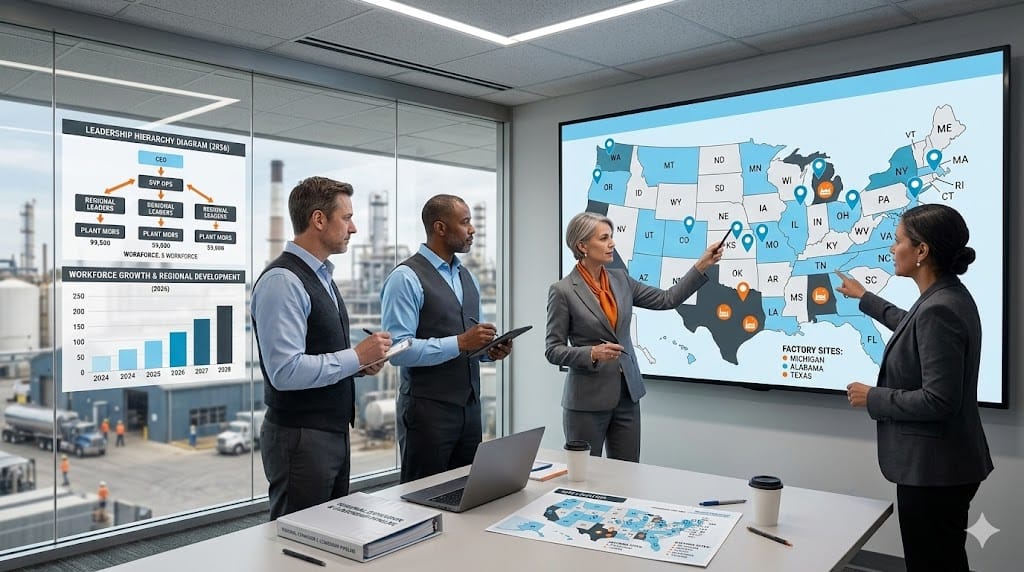 Manufacturing leaders reviewing US map with factory locations while discussing regional leadership development