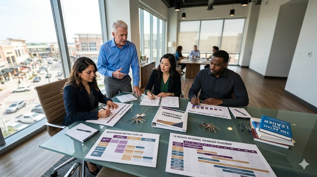 retail executives mentoring high-potential regional managers through structured development and succession planning in a modern training suite.