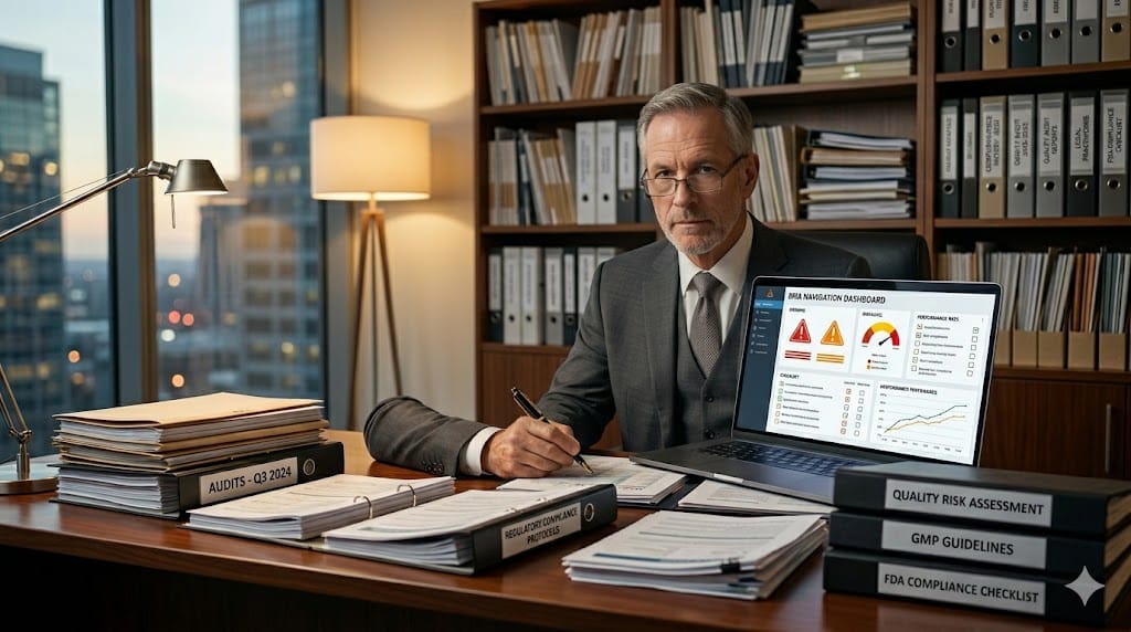 Senior supply chain executive reviewing compliance documents and risk alerts in corporate office showing regulatory and quality risk management