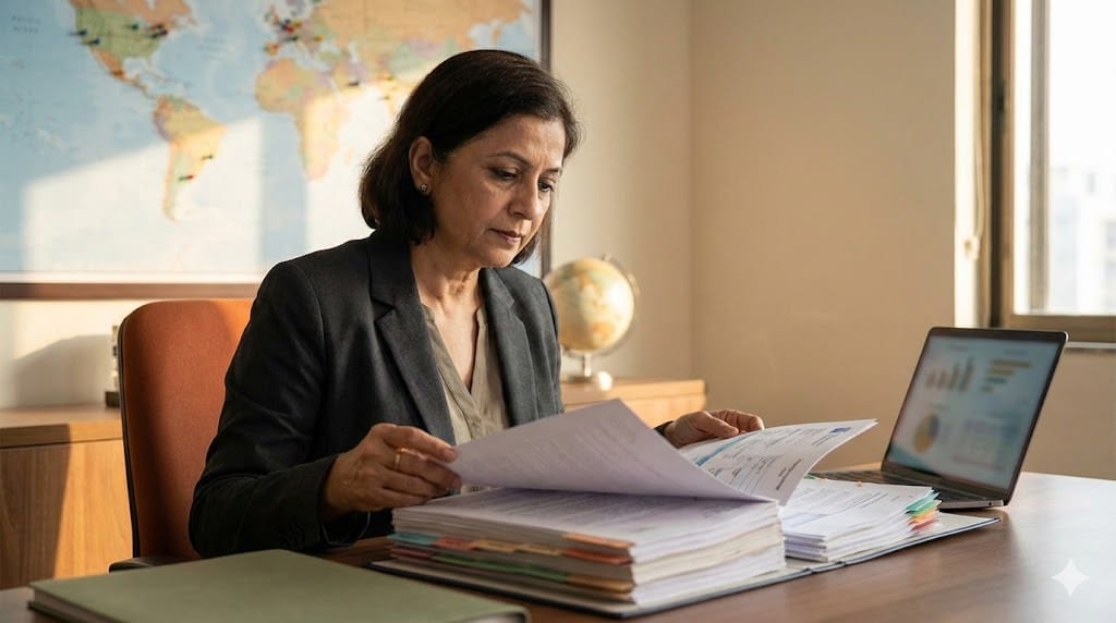 Senior regulatory executive reviewing international food compliance documents with global trade maps and country documentation in a professional office setting.