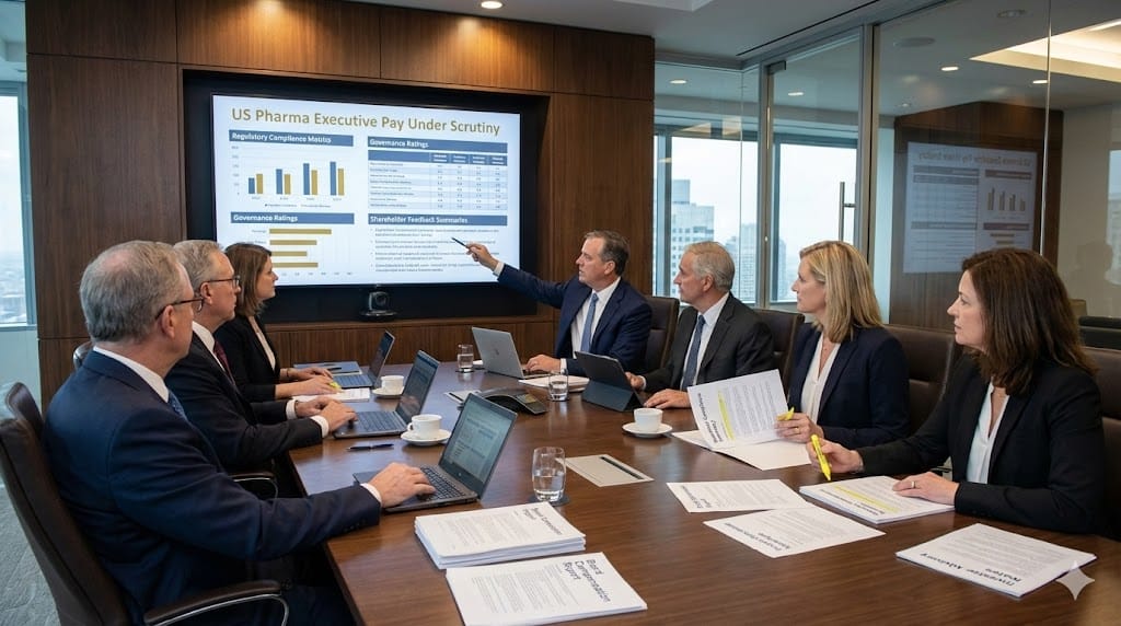 US pharmaceutical executives and board members reviewing compensation under regulatory, governance, and investor scrutiny in a corporate meeting