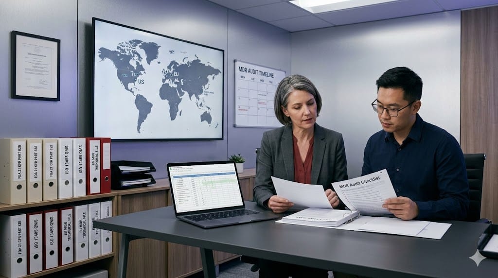 Senior regulatory affairs leader reviewing FDA, ISO 13485, and EU MDR compliance documentation in a structured global compliance office environment.