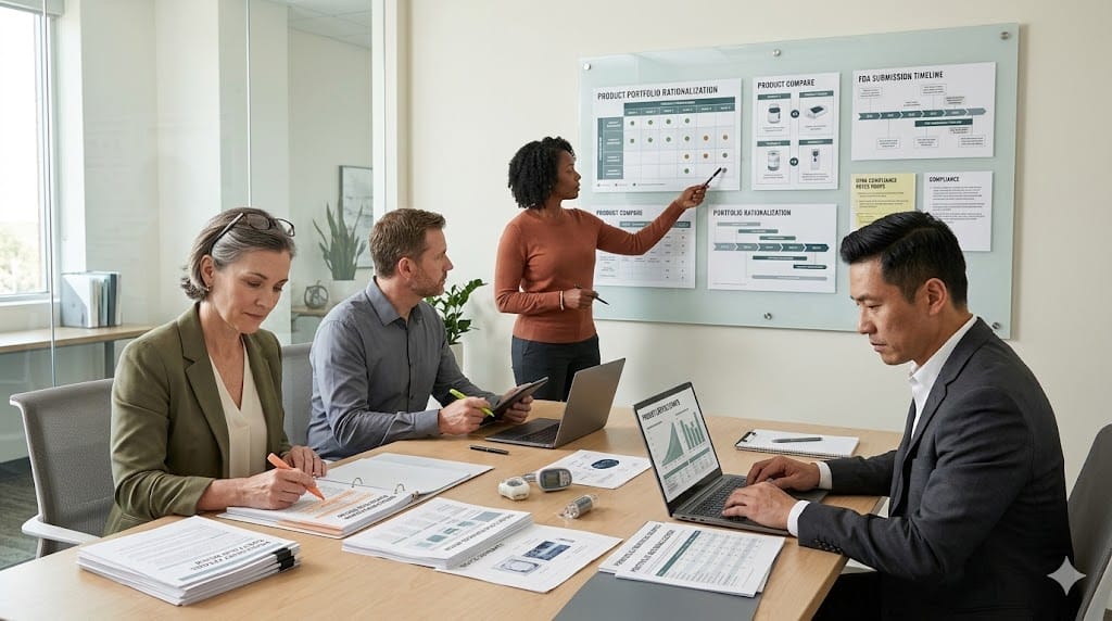 Regulatory affairs leaders and executives reviewing compliance documents and medical device product portfolio charts during a strategy meeting on regulatory navigation and portfolio consolidation.