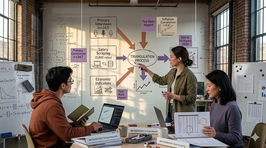 Realistic research war room where analysts map 2026 CPG talent report methodology against macroeconomic indicators on a massive glass whiteboard covered with interconnected diagrams showing data triangulation, economic cycles, and inflation impact on executive compensation benchmarks.