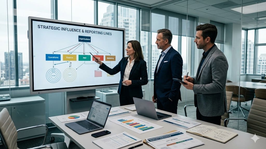 Executives reviewing organizational reporting lines, scope charts, and strategic influence maps in modern corporate office