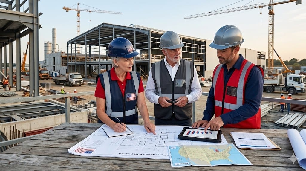 Manufacturing executives reviewing factory expansion plans as reshoring increases demand for US industry leaders