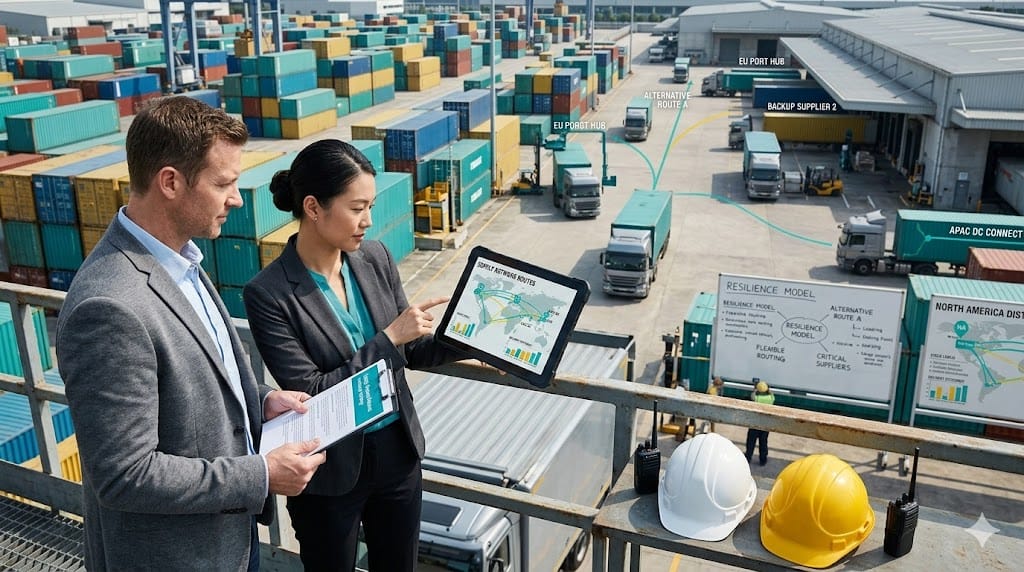 Supply chain managers coordinating resilient logistics network operations at a global distribution hub with cargo containers, trucks, and transport routes.