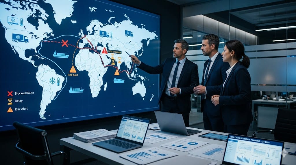 Supply chain team planning resilient cold chain network using global logistics map and temperature-controlled transport data during disruption scenario