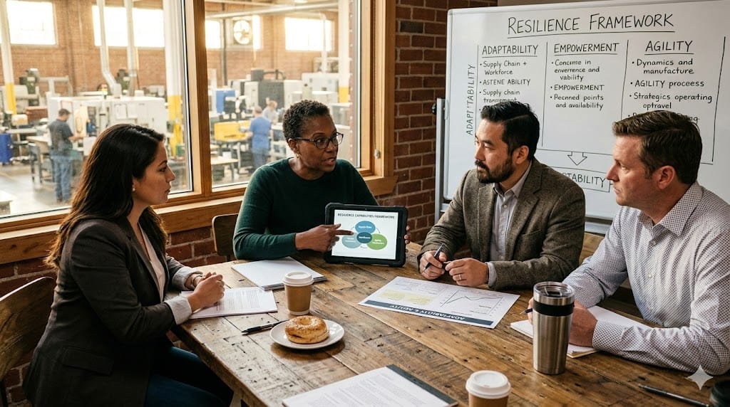 A realistic, eye-level shot of a diverse group of manufacturing leaders in a modern, sunlit operations center. They are gathered around a large table with a whiteboard behind them displaying a "Resilience Capabilities" framework with "Adaptability," "Empowerment," and "Agility" as key pillars. The lighting is warm and natural, highlighting their focused discussion. The palette uses warm wood tones, soft grays, and a pop of color from a plant, avoiding cold corporate blues.
