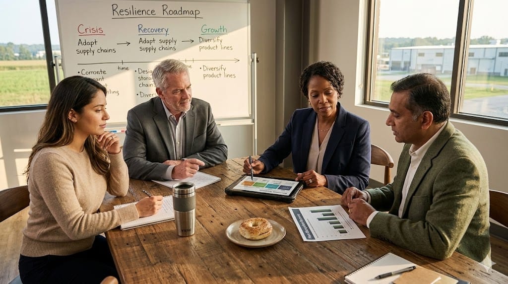 A realistic, eye-level shot of a diverse group of manufacturing leaders in a modern, sunlit operations center. They are gathered around a large table with a large whiteboard behind them showing a "Resilience Roadmap" with "Crisis," "Recovery," and "Growth" phases. The lighting is warm and natural, highlighting their focused and collaborative discussion. The palette uses warm wood tones, soft grays, and a pop of color from a plant, avoiding cold corporate blues.