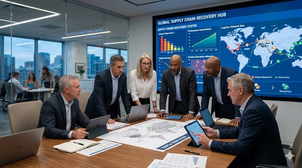 Supply chain leadership team planning recovery after disruption with logistics maps, performance charts, and strategy discussion in a modern corporate workspace