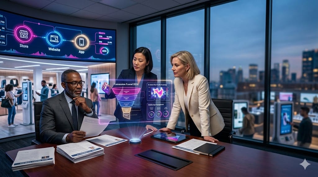 retail executives strategizing omnichannel leadership talent needs for 2026 around integrated digital-physical retail performance dashboards.