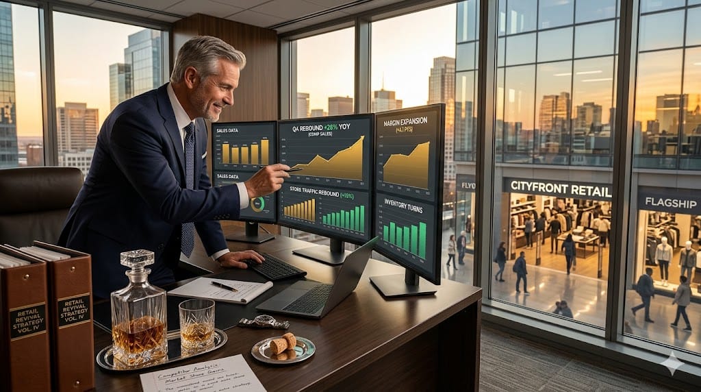 visionary retail CEO driving company turnaround, reviewing transformation metrics in modern executive office overlooking revitalized operations.