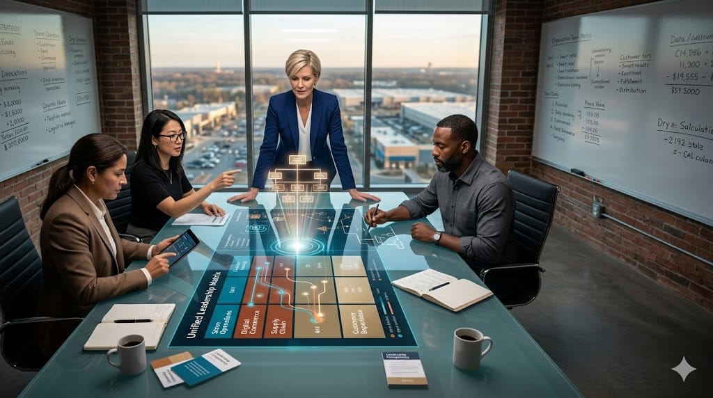 diverse retail C-suite executives architecting omnichannel leadership structure around integrated physical-digital performance dashboards.